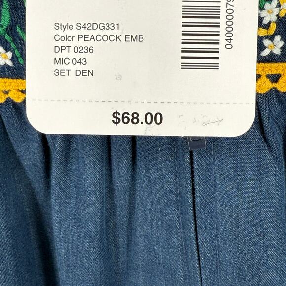 Go Softly Denim Embroidered Floral Peacock Patio Dress Sz Large Full Zip - Picture 8 of 8